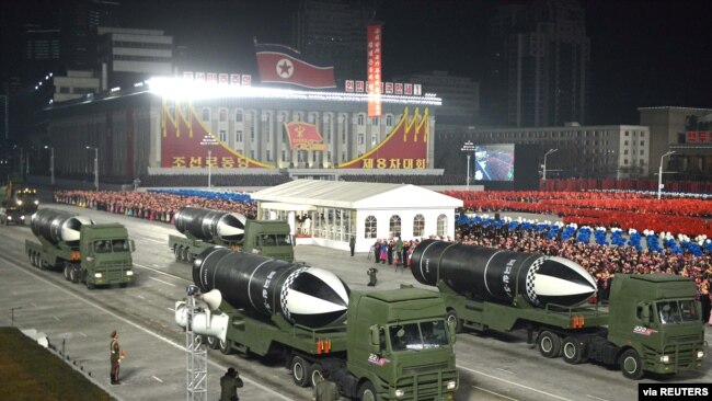Military equipment is seen during a military parade to commemorate the 8th Congress of the Workers' Party in Pyongyang, North Korea, Jan. 14, 2021 in this photo supplied by North Korea's Central News Agency (KCNA).