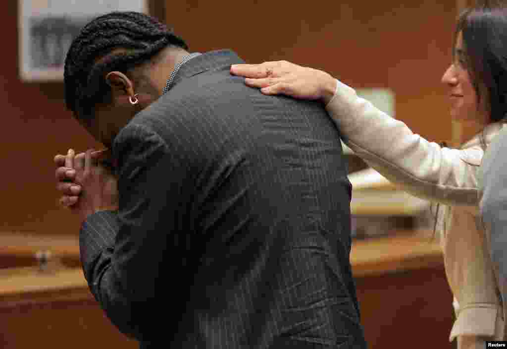 Rakim Mayers, aka A$AP Rocky, reacts in court as the verdict is given in his felony assault trial at the Clara Shortridge Foltz Criminal Justice Center in Los Angeles, California, Feb. 18, 2025.&nbsp;A jury found Grammy-nominated rapper not guilty of two felony counts of assault with a semi-automatic weapon in a 2021 altercation with another hip-hop artist in Hollywood.