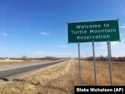 A sign marks the Turtle Mountain Reservation, home of the Turtle Mountain Band of Chippewa Indians, in Belcourt, North Dakota. Native groups complain that national exit polls were not conducted on any tribal lands on Election Day, Nov. 5, 2024.