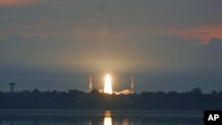 India's Polar Satellite Launch Vehicle C-19 blasts off, carrying the country's first radar imaging satellite RISAT-1 from the Satish Dhawan space centre at Sriharikota, India, April 26, 2012.