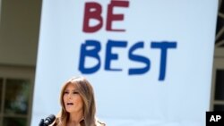 First lady Melania Trump speaks on her initiatives during an event in the Rose Garden of the White House, May 7, 2018, in Washington. 