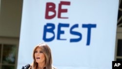 FIE - First lady Melania Trump speaks on her initiatives during an event in the Rose Garden of the White House, May 7, 2018, in Washington. 