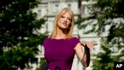 FILE - White House senior adivser Kellyanne Conway speaks to reporters outside the West Wing of the White House in Washington, May 29, 2019. 