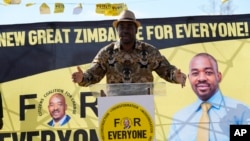 FILE — Nelson Chamisa, the President of Zimbabwe's main opposition Citizens Coalition for Change addresses supporters at a rally on the outskirts of the capital, Harare, on July 26, 2023. 