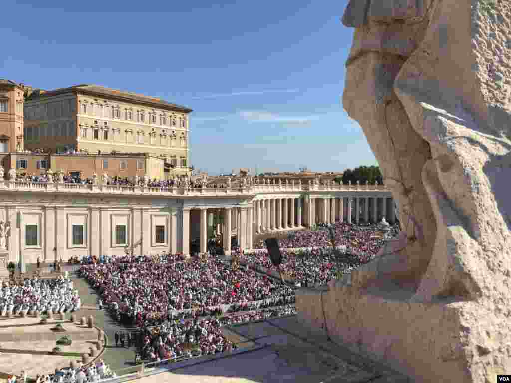 La plaza San Pedro del Vaticano estalló en aplausos cuando el pontífice terminara de pronunciar el rito de canonización al inicio de una misa al aire libre. [Foto: Celia Mendoza, VOA].