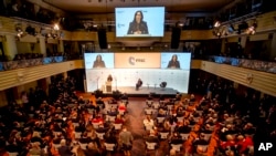 FILE: US Vice President Kamala Harris speaks during the Munich Security Conference in Munich, Germany. Taken Sat. Feb.19, 2022. 