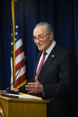Senate Minority Leader Chuck Schumer (D-NY) speaks with the media about the President Tump impeachment trial on Feb. 6, 2020 in New York.