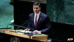 巴拉圭新任总统圣地亚哥·潘尼亚（Santiago Pena）2023年9月19日在第78届联合国大会上发言。（法新社）
