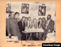 Gabe Baltazar (fourth from left) with Stan Kenton and members of his band and Count Basie band members in New York City in 1962. (Courtesy Gabe Baltazar)