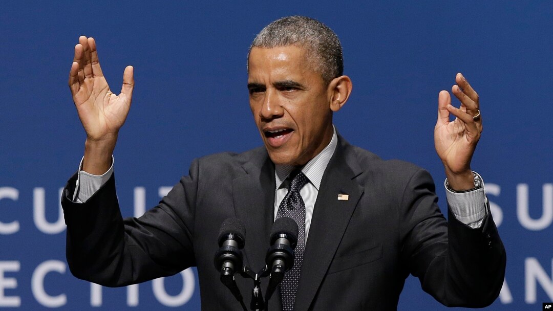 President Barack Obama speaks at the White House Summit on Cybersecurity and Consumer Protection in Stanford, California, Feb. 13, 2015.