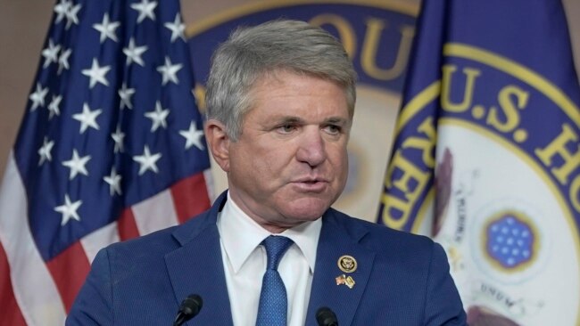 Rep. Michael McCaul of Texas meets with reporters at the Capitol in Washington on Nov. 14, 2023.
