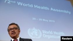 Direktur Jenderal Badan Kesehatan Dunia (WHO) Tedros Adhanom Ghebreyesus menghadiri Majelis Kesehatan Dunia ke-72 di Jenewa, Swiss, 20 Mei 2019.