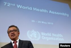 FILE - Director-General of the World Health Organization (WHO) Tedros Adhanom Ghebreyesus attends the 72nd World Health Assembly in Geneva, Switzerland, May 20, 2019.