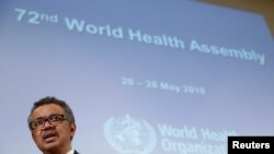 Mkurugenzi Mkuu wa Shirika la Afya Duniani (WHO) Tedros Adhanom Ghebreyesus akihutubia mkutano wa 72 wa afya duniani, Geneva, Uswizi, Mei 20, 2019. 