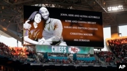 Kobe Bryant and daughter Gianna are honored along with all of the helicopter crash victims before the NFL Super Bowl 54 football game between the San Francisco 49ers and Kansas City Chiefs on Feb. 2, 2020, in Miami Gardens, Fla. 
