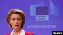 European Commission President Ursula von der Leyen holds a news conference detailing EU efforts to limit economic impact of the coronavirus disease (COVID-19) outbreak, in Brussels, Belgium April 2, 2020. 