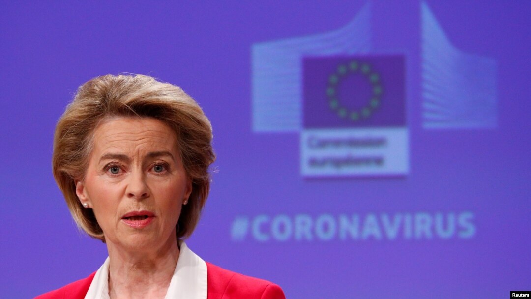 European Commission President Ursula von der Leyen holds a news conference detailing EU efforts to limit economic impact of the coronavirus disease (COVID-19) outbreak, in Brussels, Belgium April 2, 2020. 