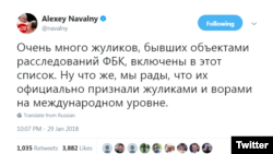 Alexey Navalny reacts to the US 'Oligarchs' List in Twitter on January 30, 2018