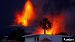 The Cumbre Vieja volcano continues to erupt, as seen from El Paso, on the Canary Island of La Palma, Spain.