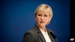 FILE - Sweden's Foreign Minister Margot Wallstrom talks during a news conference at the government building Rosenbad, in Stockholm.