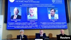 Member of the Nobel Committee for Physics announce the winners of the 2021 Nobel Prize at the Royal Swedish Academy of Sciences in Stockholm, Sweden Oct. 5, 2021.