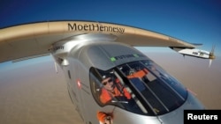 FILE - Selfie picture shows Swiss pioneer Bertrand Piccard during the last leg of the round the world trip with Solar Impulse 2 over the Arab peninsula, July 25, 2016.