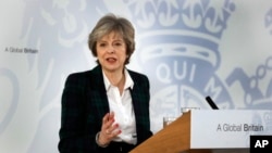 Britain's Prime Minister Theresa May delivers a speech on leaving the European Union at Lancaster House in London, Tuesday, Jan. 17, 2017. (AP Photo/Kirsty Wigglesworth, pool)