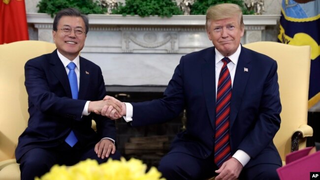 President Donald Trump meets with South Korean President Moon Jae-in in the Oval Office of the White House, April 11, 2019.
