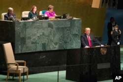 President Donald Trump addresses the 73rd session of the United Nations General Assembly, Tuesday, Sept. 25, 2018 at U.N. headquarters.