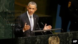 Le président américain Barack Obama prononce son discours lors de la 70e session de l'Assemblée générale des Nations Unies au siège de l'ONU, le 28 septembre 2015.