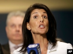 FILE - United States Ambassador to the United Nations Nikki Haley speaks to reporters outside the General Assembly at U.N. headquarters.