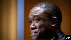 FILE - Wally Adeyemo testifies before the Senate Finance Committee during his confirmation hearing, Feb. 23, 2021, in Washington.