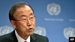 FILE - United Nations Secretary-General Ban Ki-moon speaks during a news conference at U.N. Headquarters in New York.
