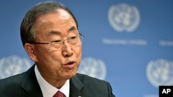 FILE - U.N. Secretary General Ban Ki-moon holds a news conference on Syria at the U.N. headquarters, Sept. 3, 2013. 