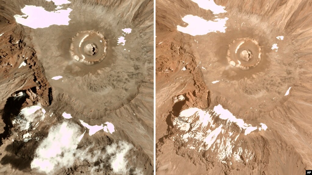 This combination of satellite images provided by Planet Labs Inc. shows glaciers at Mt. Kilimanjaro in Tanzania in 2016, left and 2021. 