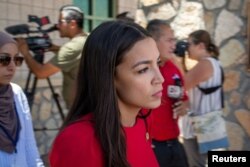 U.S. Representative Alexandria Ocasio-Cortez leaves the El Paso border patrol station during a tour of two facilities with other members of Congress in El Paso, Texas, July 1, 2019.