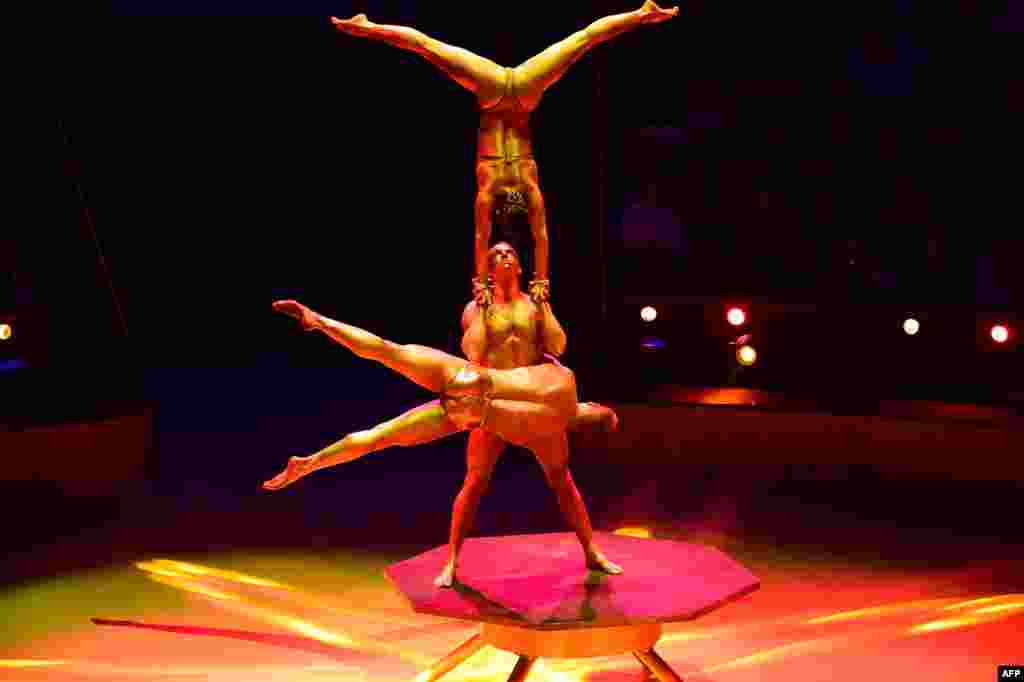 Third - placed members of the Hungarian power lifting group the &#39;Trio Power Line&#39; perform at the Capital Circus during the 11th edition of the International Circus Festival on Jan. 11, 2016 in Budapest.