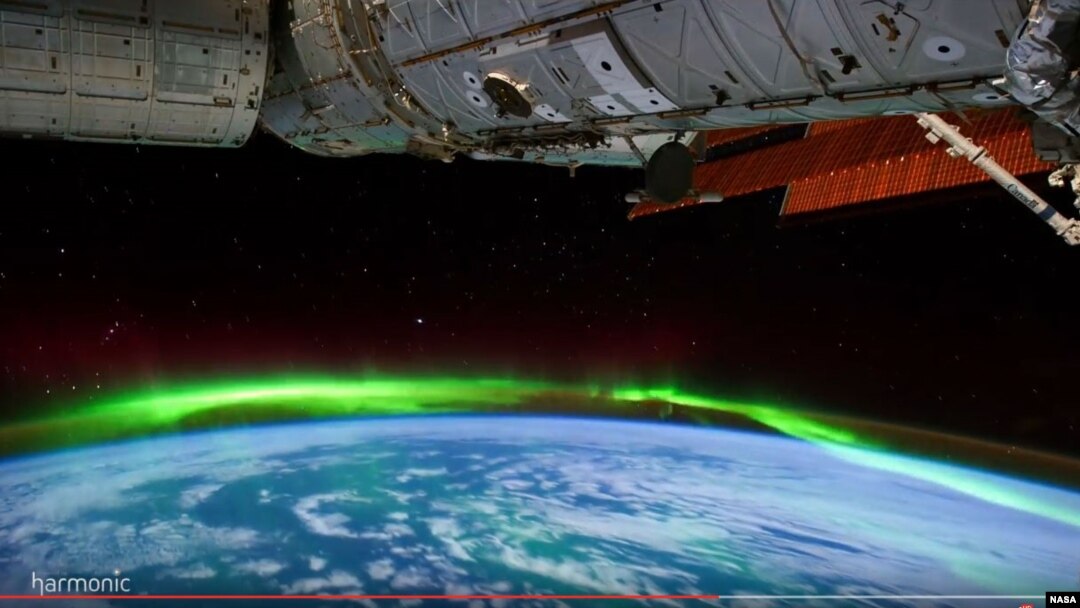 Screenshot of NASA's Ultra HD video of the Aurora Borealis phenomena as seen from the International Space Station. 