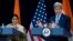 Secretary of State John Kerry, joined by Indian External Affairs Minister Sushma Swaraj, speaks to reporters at the State Department in Washington, Sept. 22, 2015.