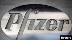 Logo Pfizer di kantornya di kawasan Manhattan borough, New York, 29 Oktober 2015. (REUTERS/Carlo Allegri)