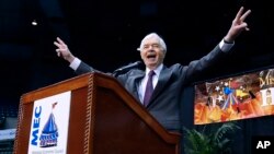 FILE - Sen. Thad Cochran, R-Miss., responds to the crowd's applause following a campaign speech at the Mississippi Coliseum in Jackson, Miss., Oct. 29, 2014. The longtime senator died May 30, 2019. He was 81.