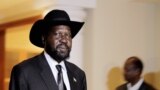 FILE - South Sudan's President Salva Kiir walks in a hotel in Addis Ababa, Sept. 24, 2012.