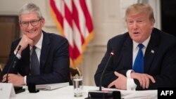 FILE - U.S. President Donald Trump speaks alongside Apple CEO Tim Cook in the State Dining Room of the White House in Washington, March 6, 2019.