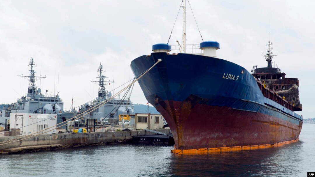 FILE - The Luna-S, a Tanzania-flagged vessel, intercepted by the French navy in international waters between Sardinia in Italy and Algeria, is seen moored in the naval base of Toulon, southern France, Oct. 15, 2013.