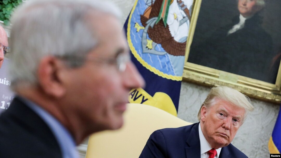 Tổng thống Trump (phải) nghe Tiến sĩ Fauci trình bày trong một cuộc họp ở Nhà Trắng vào ngày 29/4/2020.