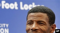 Ethiopian runner Haile Gebrselassie speaks to reporters during a news conference for the New York City Marathon, 06 Nov 2010