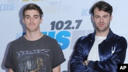 Andrew Taggart, left, and Alex Pall, of The Chainsmokers, arrive at Wango Tango at StubHub Center in Carson, California.