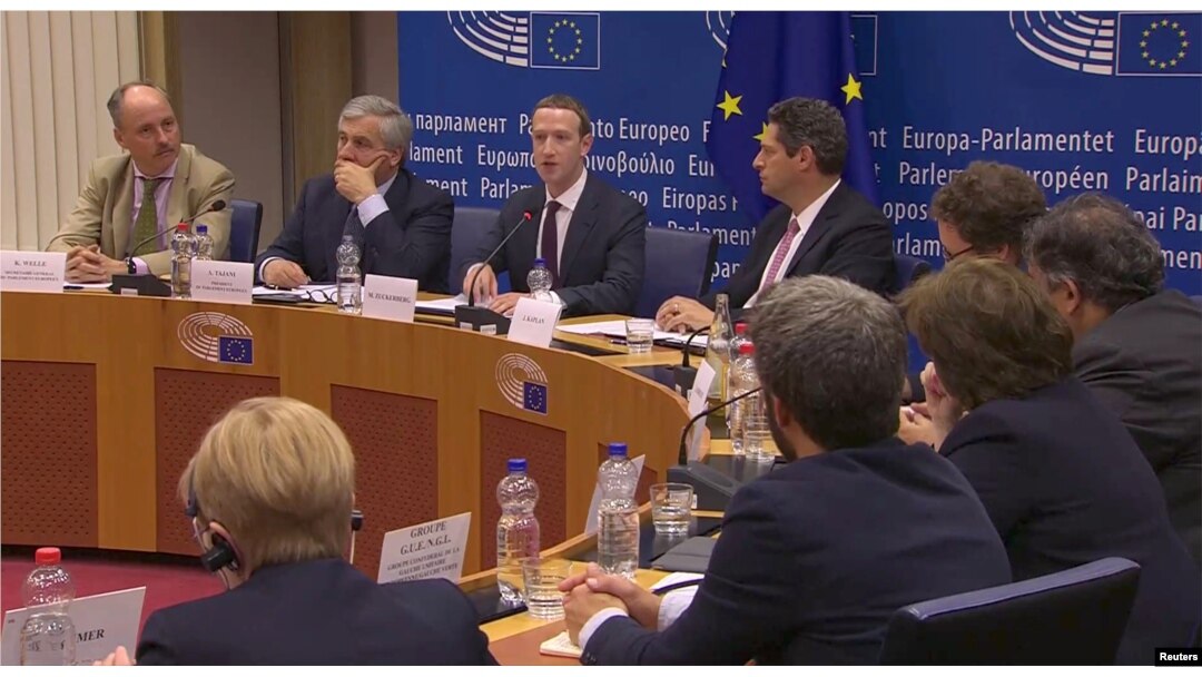 FILE - Facebook's CEO Mark Zuckerberg answers questions about the improper use of millions of users' data by a political consultancy, at the European Parliament in Brussels, Belgium, in this still image taken from Reuters TV, May 22, 2018.
