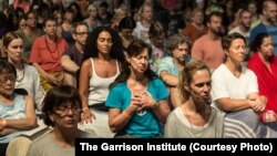 Teachers take part in a group meditation during the CARE for Teachers program. The program takes place at The Garrison Institute, located about 100 kilometers north of New York City. 