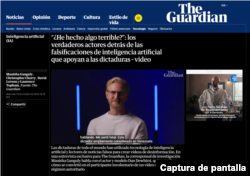 Captura de artículo de The Guardian (con traducción de encabezado) donde el actor Dan Dewhirst habla de cómo se sintió al verse en supuestos noticieros que difunden desinformación en Venezuela.